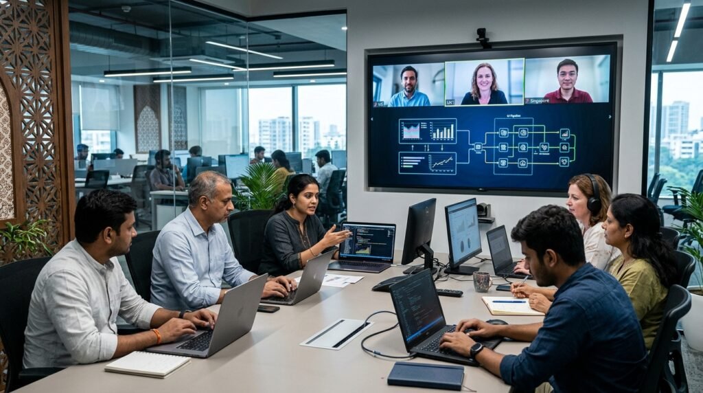 Diverse team of AI developers and business strategists from India and a global client collaborating on a complex AI project, shown on multiple screens in a modern, brightly lit office.