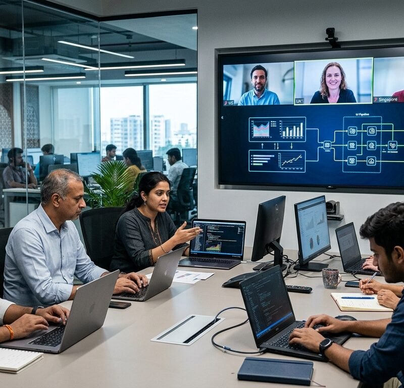 Diverse team of AI developers and business strategists from India and a global client collaborating on a complex AI project, shown on multiple screens in a modern, brightly lit office.