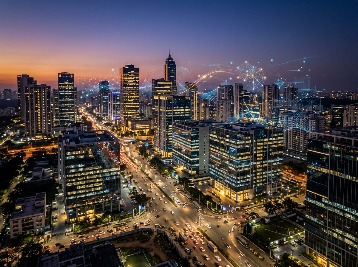 AI Innovation Hub in India A panoramic view of a bustling, modern tech city in India at dusk, with illuminated office buildings and subtle digital overlays representing data flow and AI processes, symbolizing India's role as an AI innovation hub.