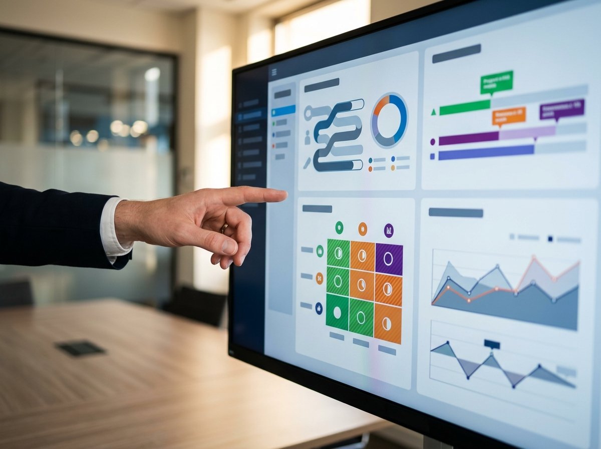 AI Agency Evaluation Criteria A professional hand pointing to a digital dashboard displaying various AI project metrics, KPIs, and evaluation criteria, symbolizing the careful selection process for an AI agency. Multiple graphs, data points, and success indicators are visible.