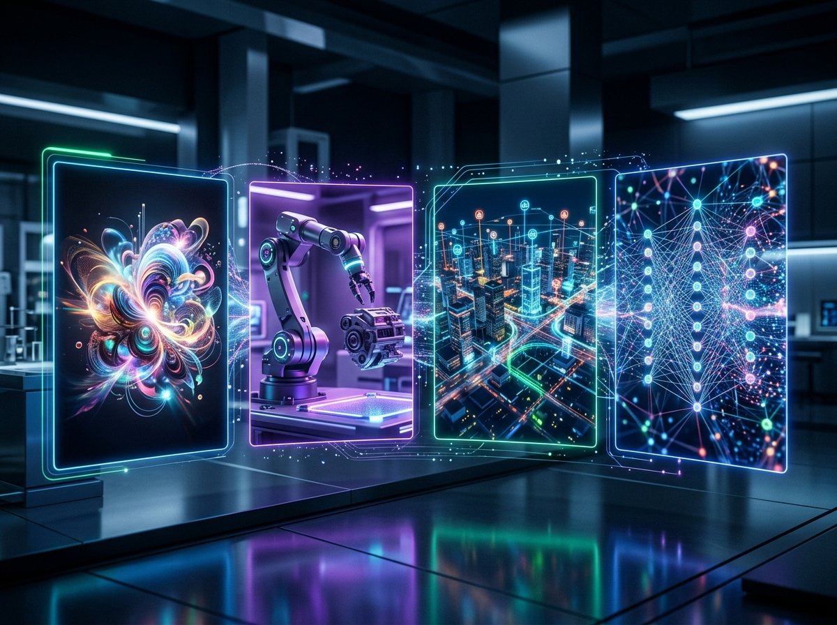 Future of AI in India Several futuristic digital interfaces depicting advanced AI applications like generative AI art, robotics, smart city infrastructure, and deep learning algorithms, reflecting the future trends and opportunities of AI in India.