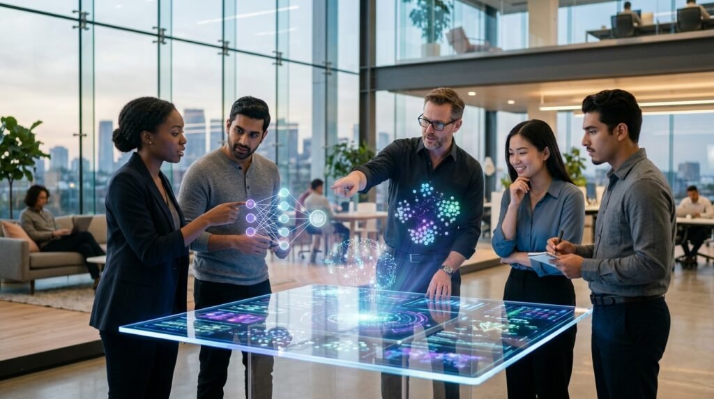 Diverse group of AI developers and strategists collaborating around a holographic display in a modern, high-tech office environment, showcasing innovation in India.