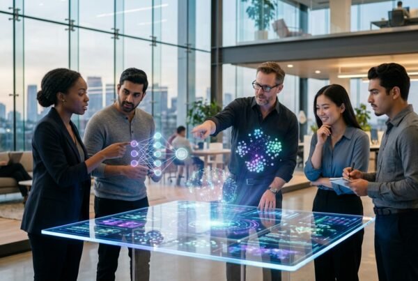 Diverse group of AI developers and strategists collaborating around a holographic display in a modern, high-tech office environment, showcasing innovation in India.