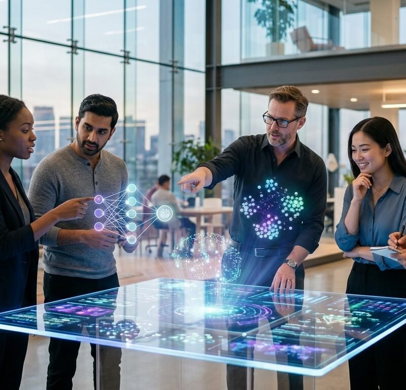 Diverse group of AI developers and strategists collaborating around a holographic display in a modern, high-tech office environment, showcasing innovation in India.