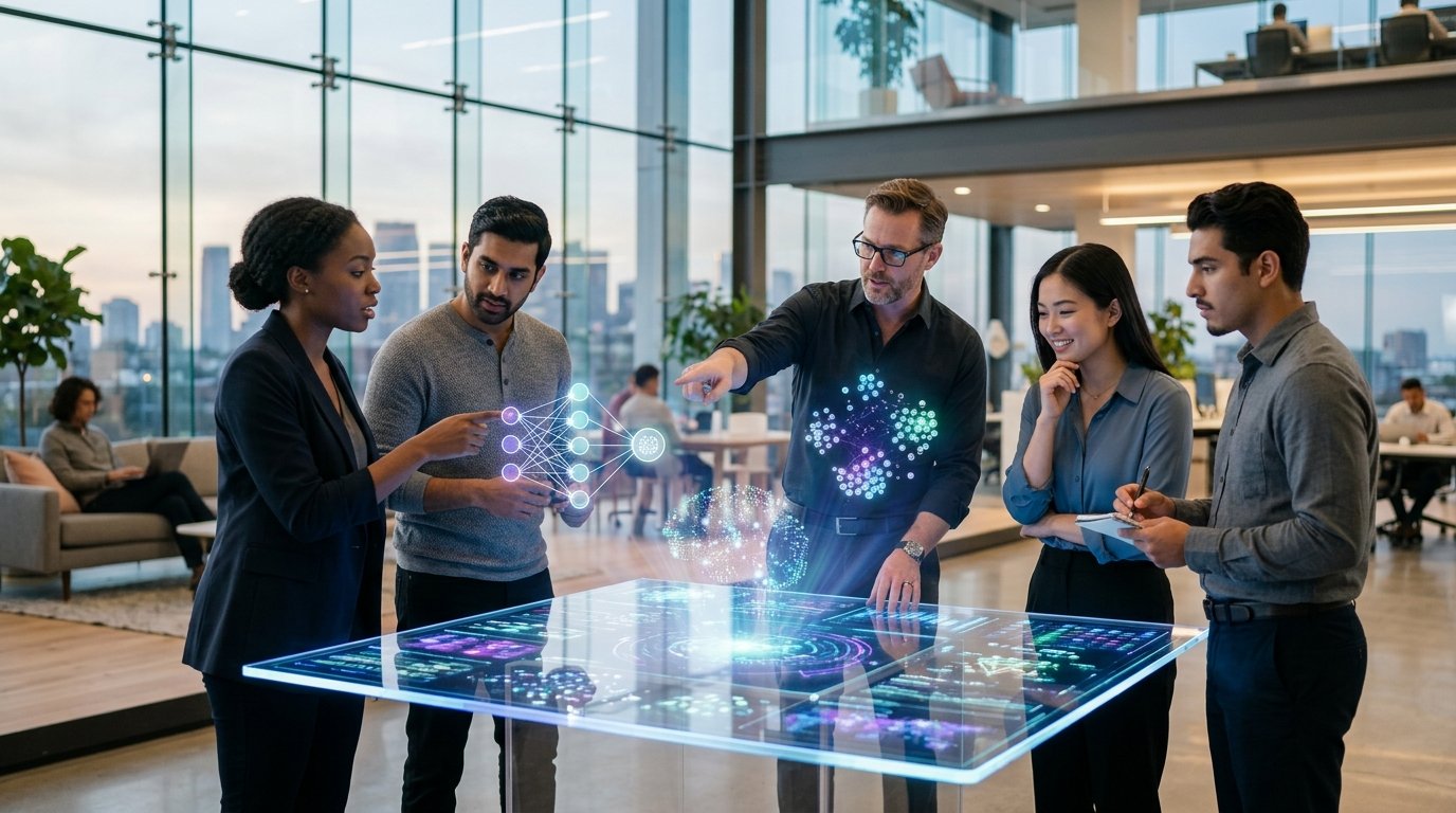 Diverse group of AI developers and strategists collaborating around a holographic display in a modern, high-tech office environment, showcasing innovation in India.