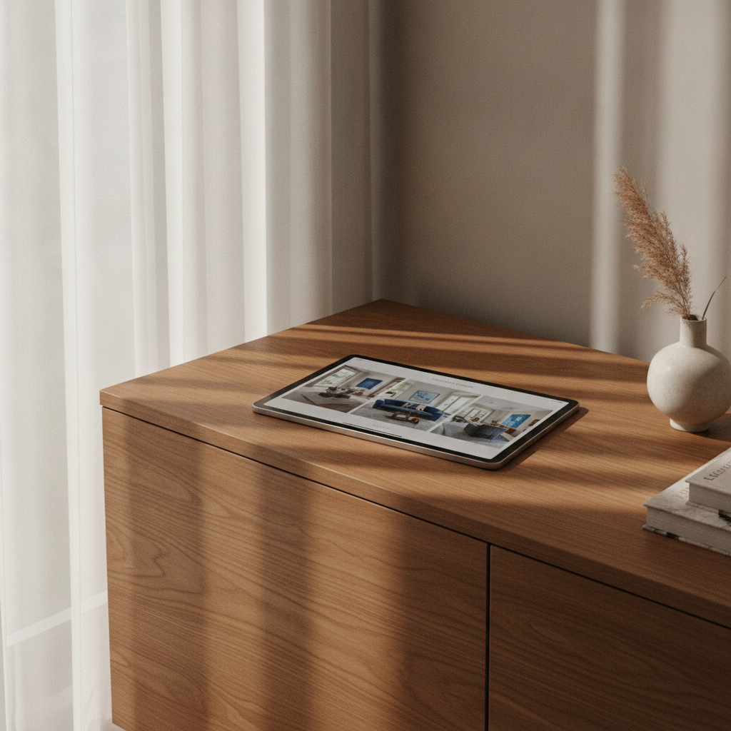 Premium Portfolio Design Showcase A responsive tablet showing high-quality interior design layouts by the Best Portfolio Website Develoipment Agency for Interior Designers.