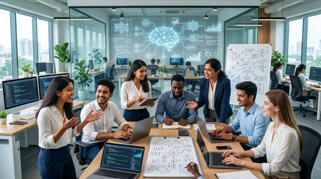 A diverse and dynamic team of AI developers and strategists collaborating in a modern, brightly lit Indian office, with digital graphics symbolizing AI concepts like neural networks and data streams subtly overlaid in the background. They are actively discussing project details on a large screen.