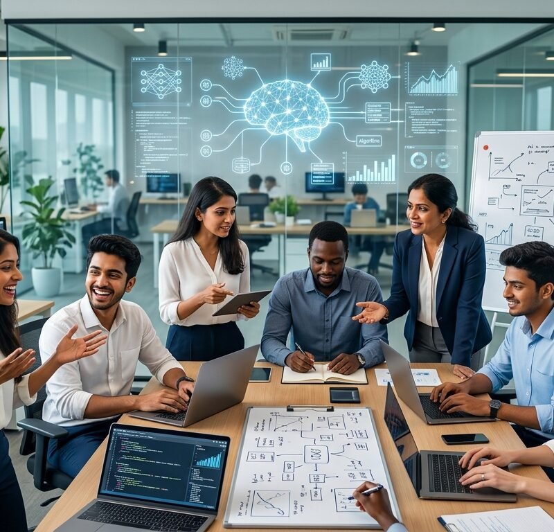 A diverse and dynamic team of AI developers and strategists collaborating in a modern, brightly lit Indian office, with digital graphics symbolizing AI concepts like neural networks and data streams subtly overlaid in the background. They are actively discussing project details on a large screen.