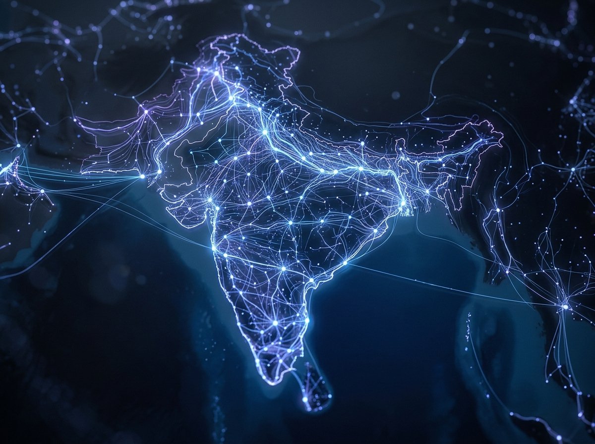 Abstract AI Data Flow in Indian Context Abstract representation of data flowing through interconnected nodes and networks, symbolizing AI development and digital transformation in India's technological landscape.