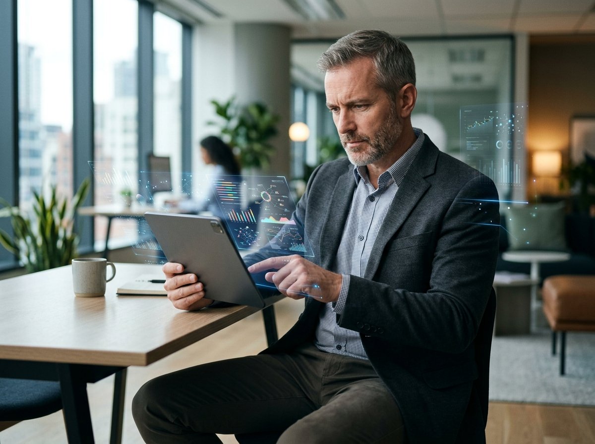 Business Leader Reviewing AI Analytics Business leader, a man in a professional setting, reviewing complex AI-powered analytics and reports on a tablet, demonstrating data-driven decision-making.