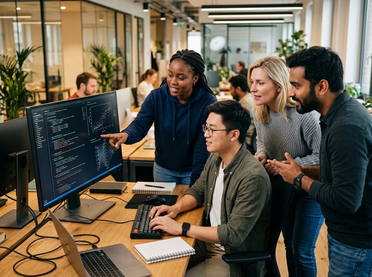 Diverse Developers Working on AI Code A diverse team of skilled developers collaborating intensely on computer screens displaying complex AI algorithms and code, representing a top AI development agency.