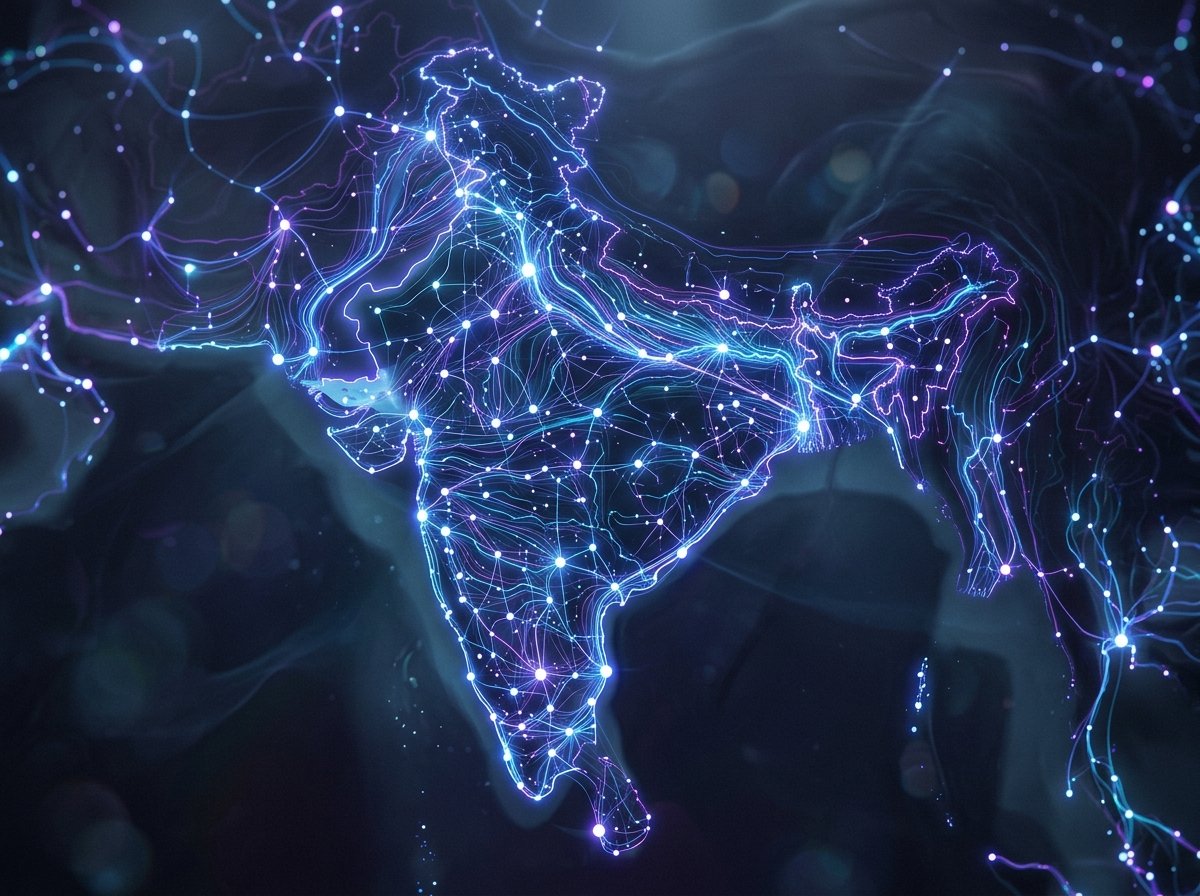 Abstract representation of data flowing through interconnected nodes and networks, symbolizing AI development and digital transformation in India's technological landscape.