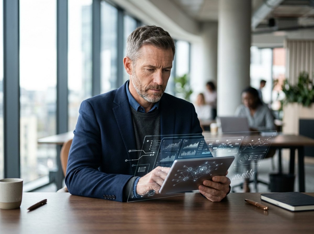 Business leader, a man in a professional setting, reviewing complex AI-powered analytics and reports on a tablet, demonstrating data-driven decision-making.