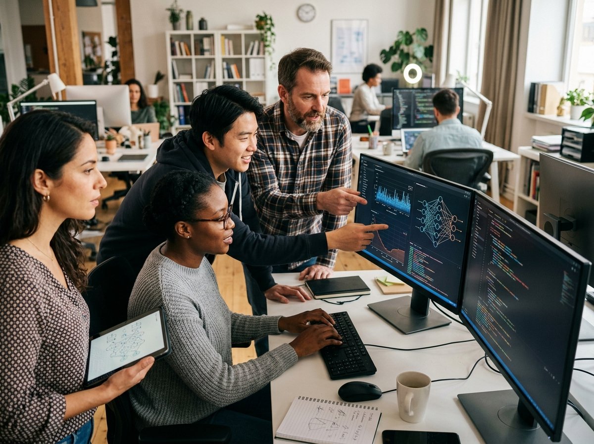 A diverse team of skilled developers collaborating intensely on computer screens displaying complex AI algorithms and code, representing a top AI development agency.