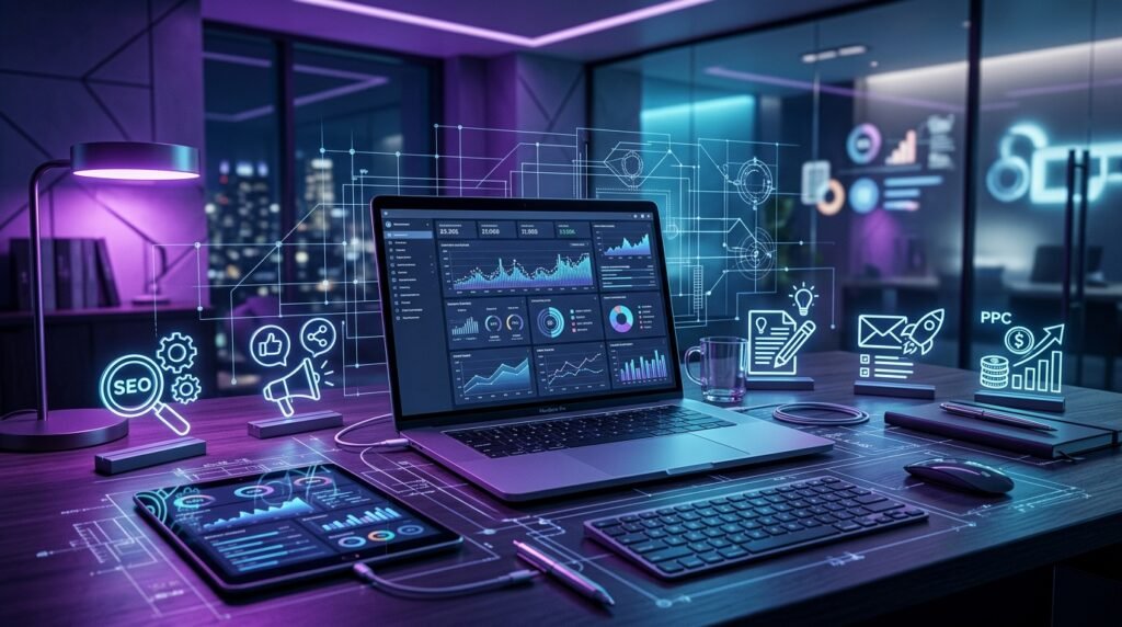 A modern desk with a laptop showing growth charts and digital marketing icons like SEO, social media, and content, illustrating a comprehensive digital marketing blueprint for online business growth. Soft purple and blue light.
