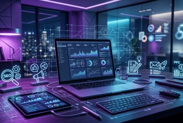 A modern desk with a laptop showing growth charts and digital marketing icons like SEO, social media, and content, illustrating a comprehensive digital marketing blueprint for online business growth. Soft purple and blue light.