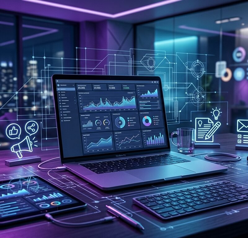 A modern desk with a laptop showing growth charts and digital marketing icons like SEO, social media, and content, illustrating a comprehensive digital marketing blueprint for online business growth. Soft purple and blue light.