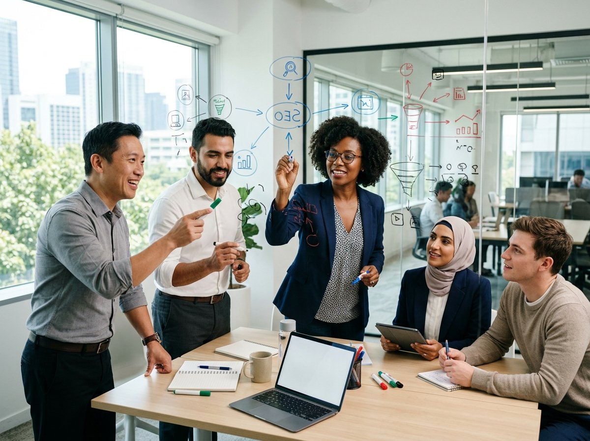Team Brainstorming Digital Marketing Strategy Diverse business professionals collaborating around a large table, sketching ideas and flowcharts on a whiteboard, symbolizing strategic planning for a digital marketing blueprint.