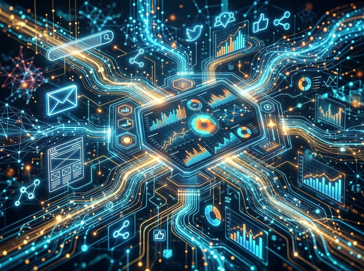 Integrated Digital Marketing Channels An intricate network of interconnected digital channels like social media, search, and email, flowing into a central data analytics dashboard, symbolizing an integrated digital marketing strategy.