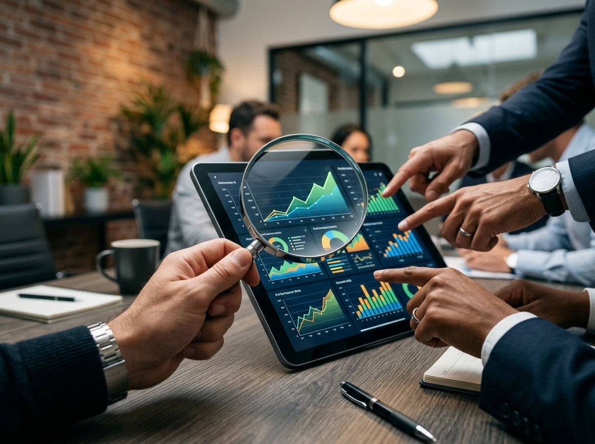 Analyzing Digital Marketing Performance Data A hand holding a magnifying glass over a tablet displaying growth charts and performance metrics, surrounded by other hands pointing to different sections, emphasizing analysis and optimization.