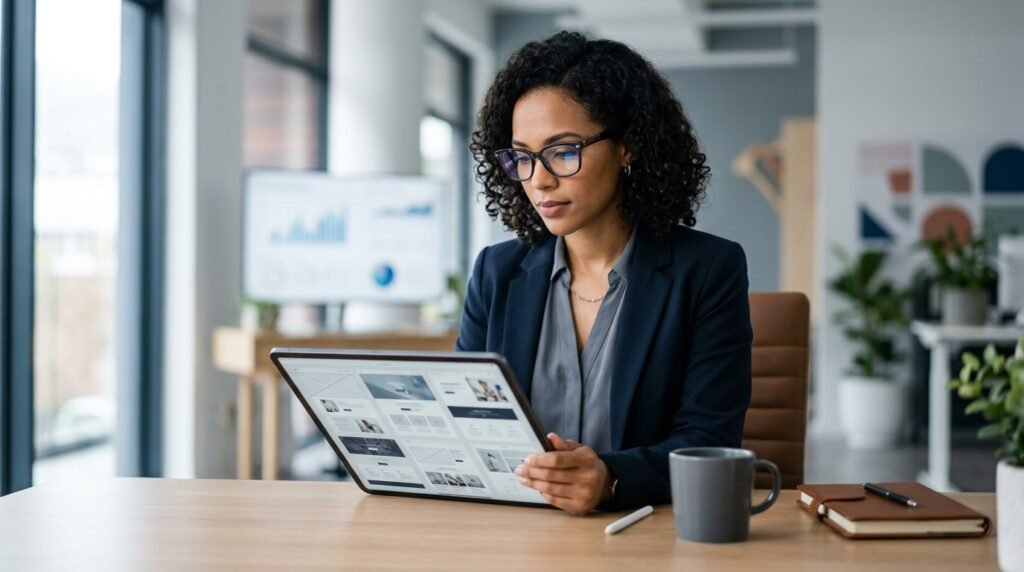 A focused businesswoman with stylish glasses reviewing various modern website designs on a large digital tablet in a bright, contemporary office. Marketing charts and a subtly branded coffee cup are visible on a clean desk. The atmosphere is professional and innovative, reflecting strategic decision-making in web design.