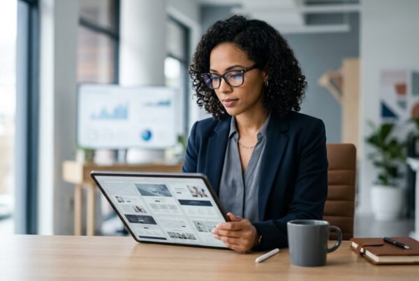 A focused businesswoman with stylish glasses reviewing various modern website designs on a large digital tablet in a bright, contemporary office. Marketing charts and a subtly branded coffee cup are visible on a clean desk. The atmosphere is professional and innovative, reflecting strategic decision-making in web design.