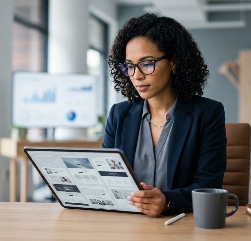 A focused businesswoman with stylish glasses reviewing various modern website designs on a large digital tablet in a bright, contemporary office. Marketing charts and a subtly branded coffee cup are visible on a clean desk. The atmosphere is professional and innovative, reflecting strategic decision-making in web design.