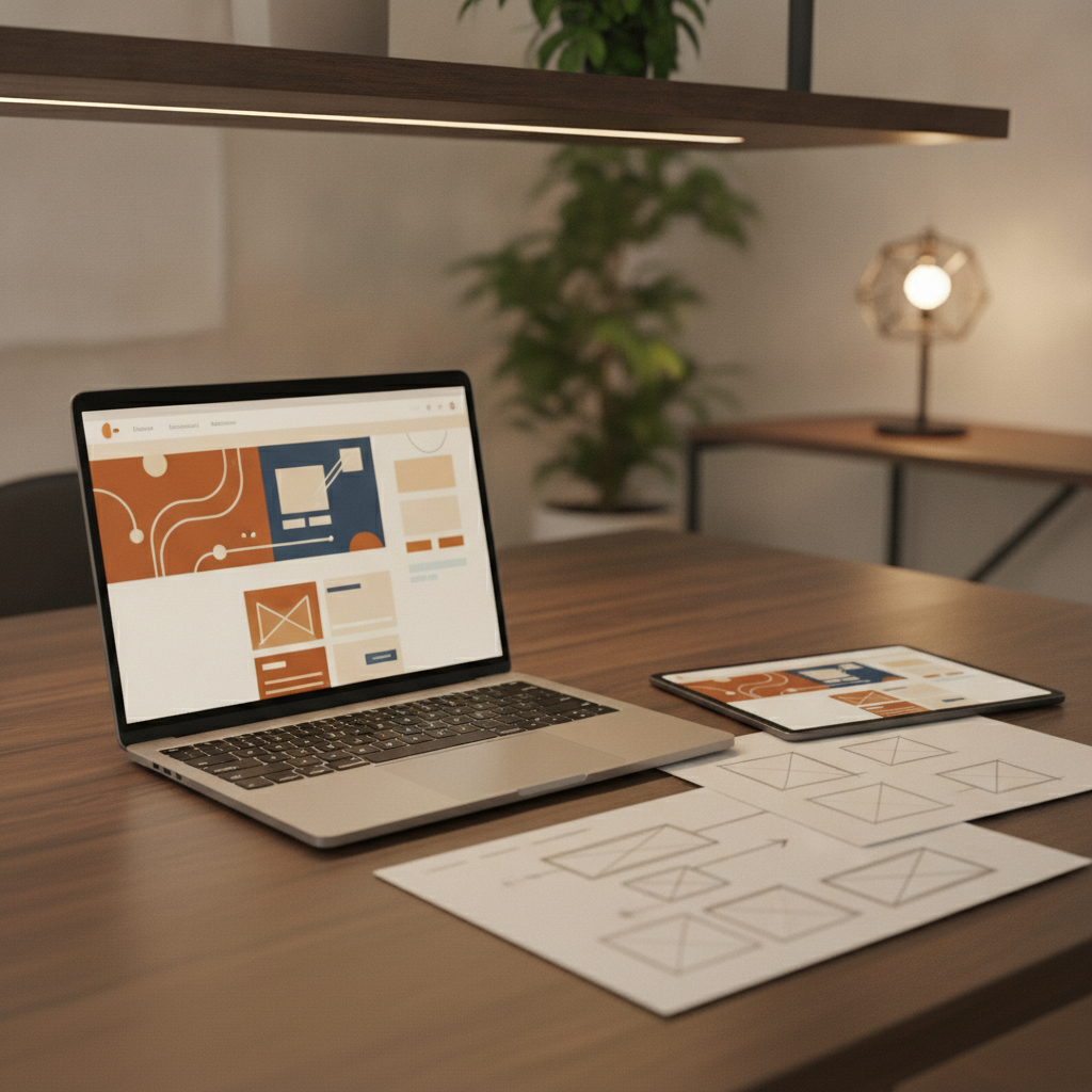 Custom UX/UI Wireframes by Website Designer in Srinagar A high-end laptop display showing custom wireframes designed by a professional Website Designer in Srinagar.