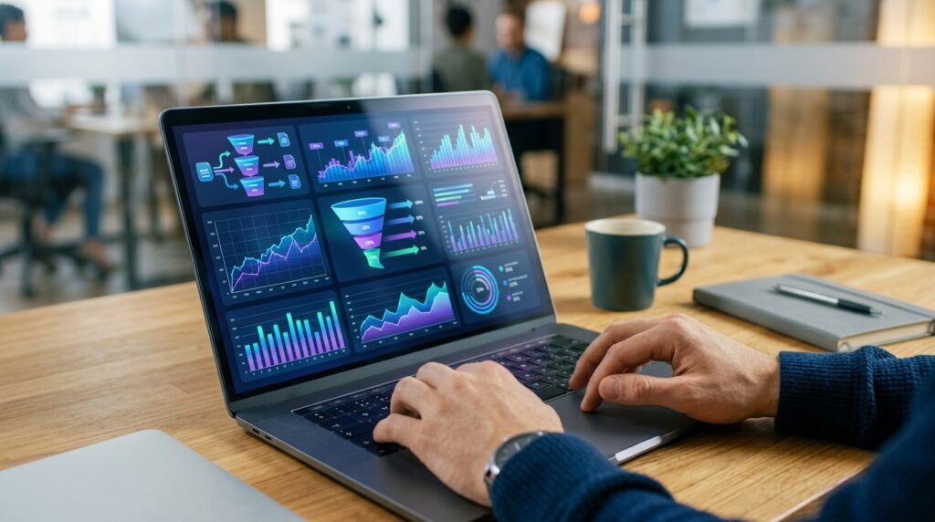 Close-up of a person's hands using a laptop, displaying a digital dashboard with graphs and conversion funnels, symbolizing strategic website optimization for high conversions. Soft, professional lighting.
