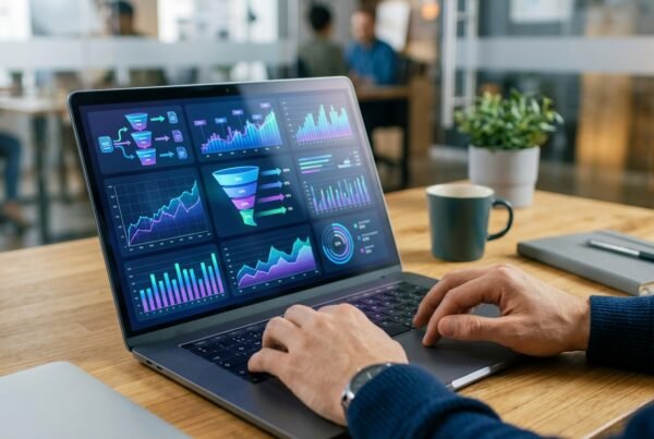 Close-up of a person's hands using a laptop, displaying a digital dashboard with graphs and conversion funnels, symbolizing strategic website optimization for high conversions. Soft, professional lighting.