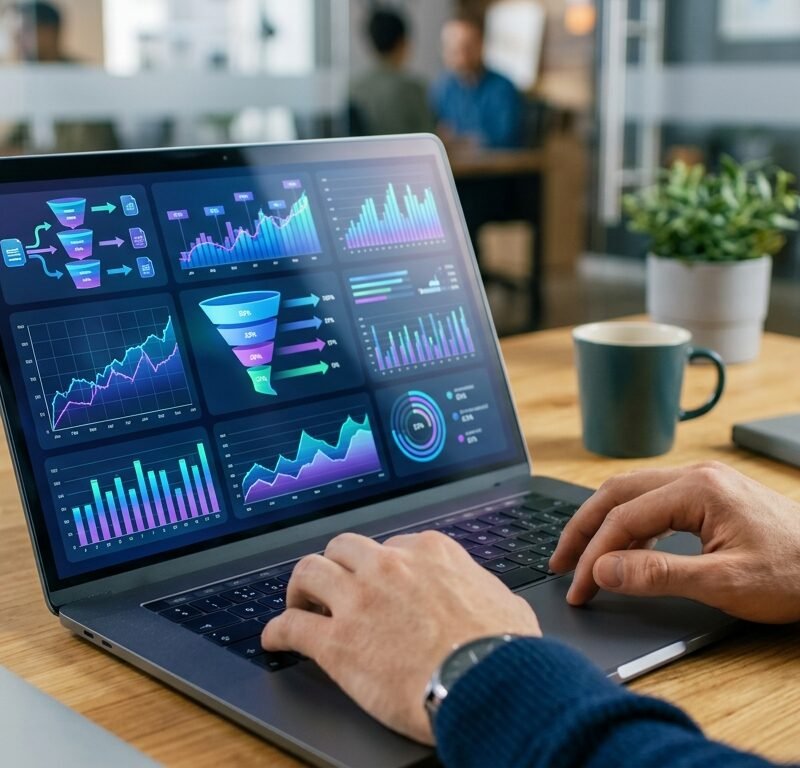 Close-up of a person's hands using a laptop, displaying a digital dashboard with graphs and conversion funnels, symbolizing strategic website optimization for high conversions. Soft, professional lighting.
