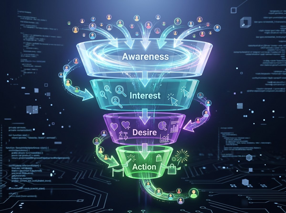 Diagram of Website Conversion Funnel with User Journey An intricate digital diagram illustrating a website conversion funnel, showing steps from 'Visitor' to 'Lead' to 'Customer' with arrows and percentage metrics, on a clean, modern interface.
