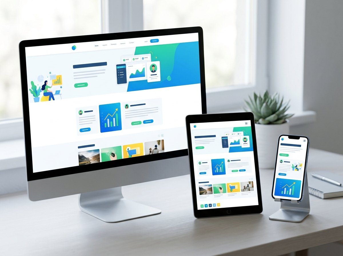 Website Design Across Multiple Devices A seamless website design displayed simultaneously on a desktop monitor, a tablet, and a smartphone, demonstrating perfect mobile responsiveness and user experience.