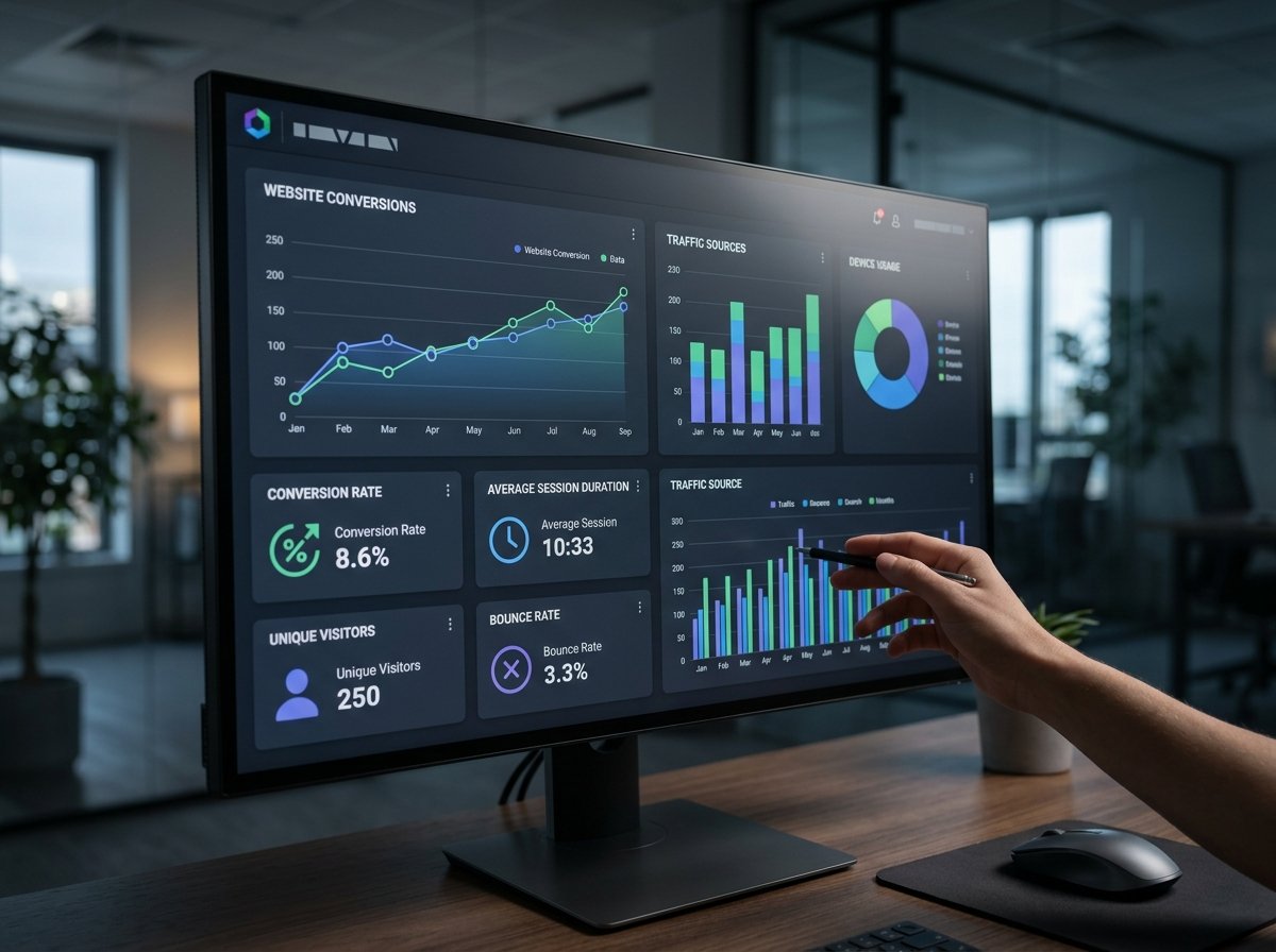 Website Analytics Dashboard for Performance Tracking A detailed digital dashboard displaying various website analytics metrics, including conversion rates, traffic sources, and user behavior graphs, emphasizing data-driven decision making.