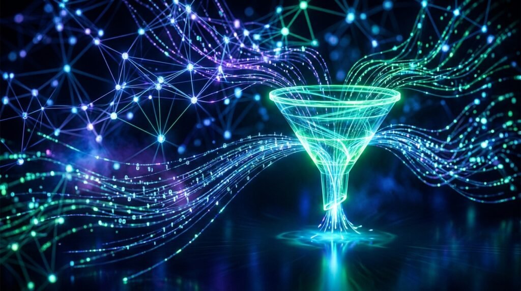 Abstract visual representing artificial intelligence and data streams flowing into a lead generation funnel.