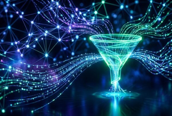 Abstract visual representing artificial intelligence and data streams flowing into a lead generation funnel.