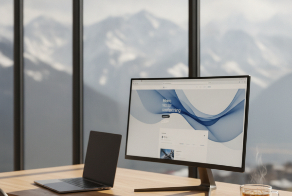 A modern creative agency workshop showing a professional Website Design Company in Kashmir team designing a responsive interface on a high-end monitor.