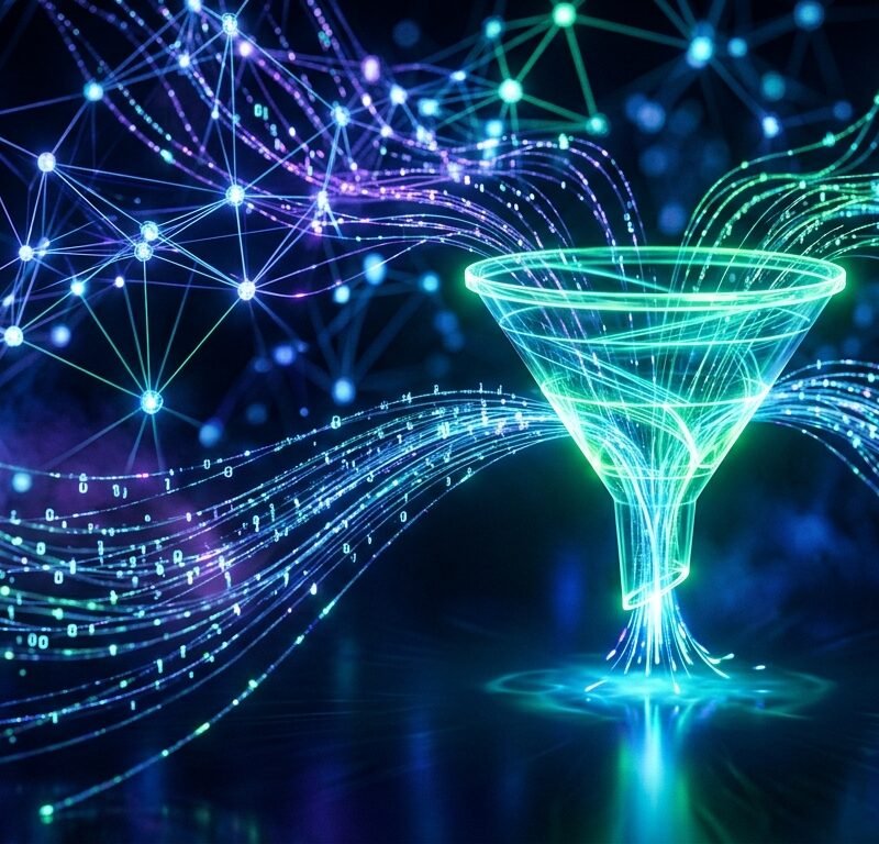 Abstract visual representing artificial intelligence and data streams flowing into a lead generation funnel.