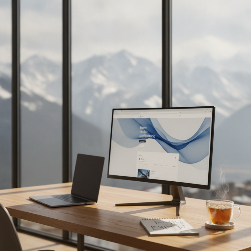 A modern creative agency workshop showing a professional Website Design Company in Kashmir team designing a responsive interface on a high-end monitor.