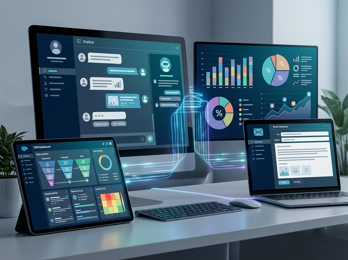AI-powered lead generation tools in action Digital illustration showing various AI tools like chatbots, analytics dashboards, and automated email interfaces working together for lead generation.