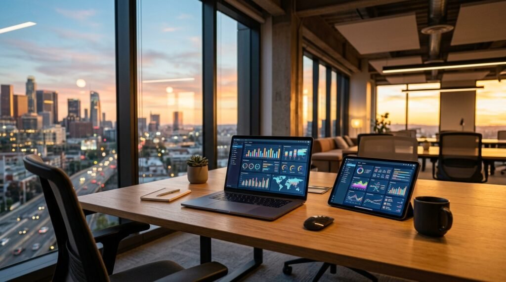 An elegant, modern workspace displaying AI automation for small business dashboards on multiple screens