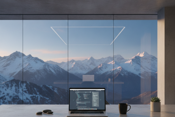 A professional developer working at a clean workstation with mountain views, representing Website Development Company in Kashmir.