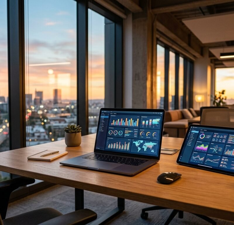 An elegant, modern workspace displaying AI automation for small business dashboards on multiple screens