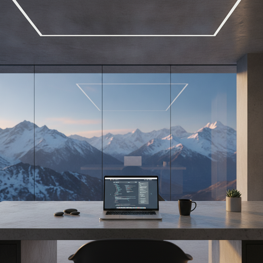 A professional developer working at a clean workstation with mountain views, representing Website Development Company in Kashmir.