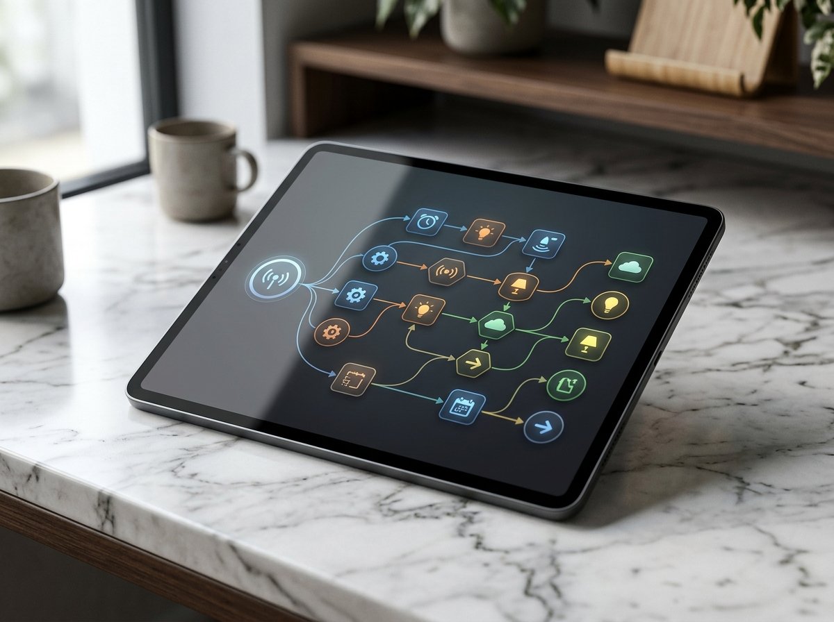 Automated Workflow Dashboard A sleek tablet screen showing automated workflow tools representing AI automation for small business