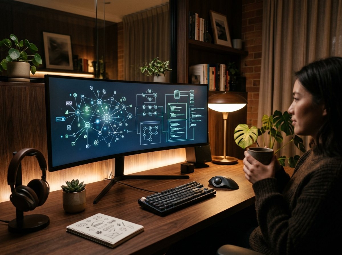 Software Integrations and AI Tools A developer discussing AI automation for small business integrations on a large ultra-wide monitor