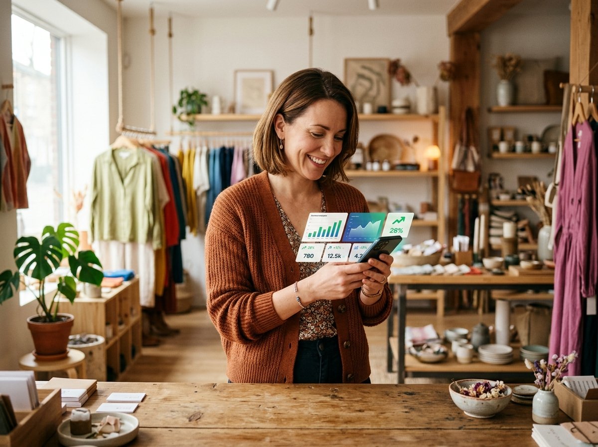 Small Business Growth and AI A business owner smiling while viewing positive metrics enabled by AI automation for small business