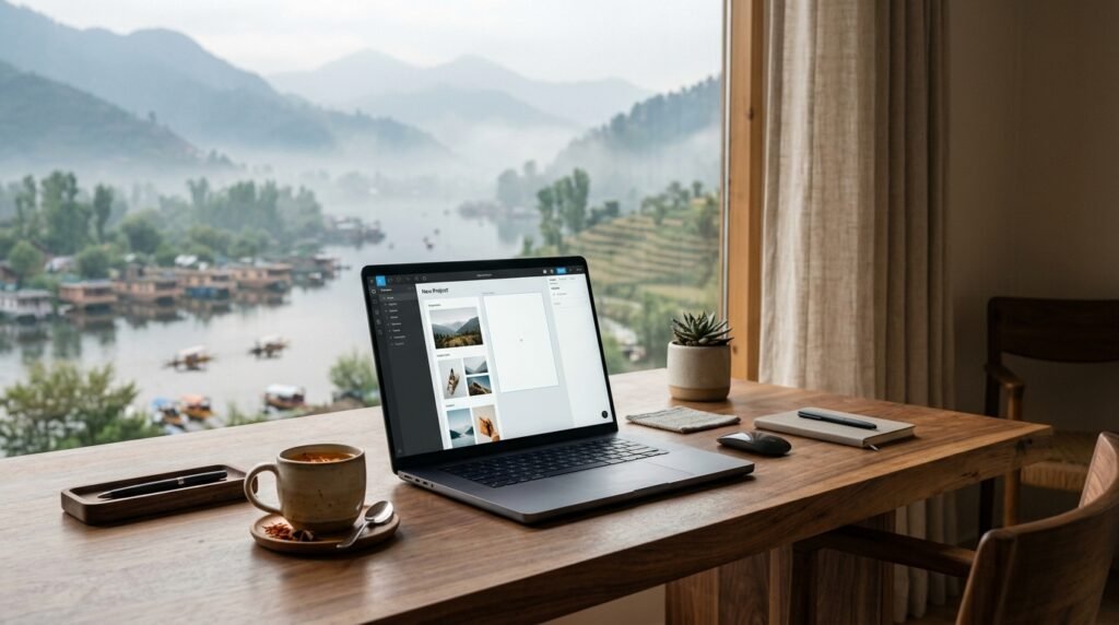 An elegant workplace displaying the Best Website Builders in Srinagar (2026) on a premium laptop monitor.