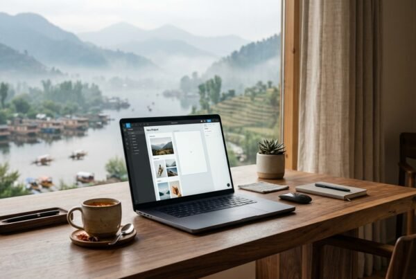 An elegant workplace displaying the Best Website Builders in Srinagar (2026) on a premium laptop monitor.