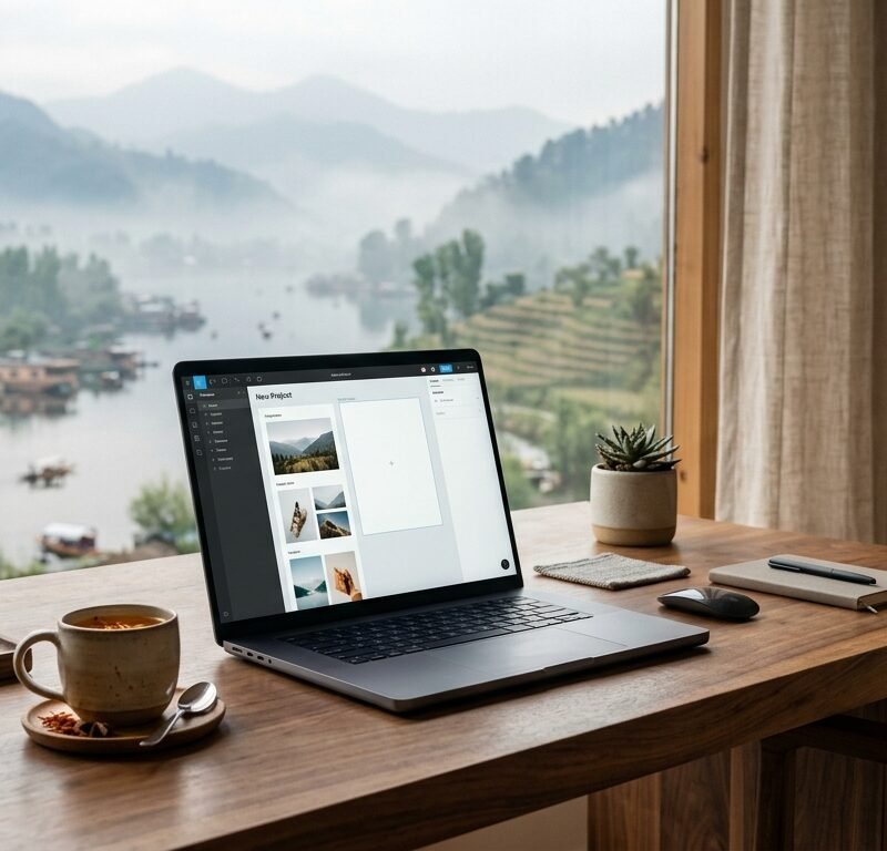 An elegant workplace displaying the Best Website Builders in Srinagar (2026) on a premium laptop monitor.
